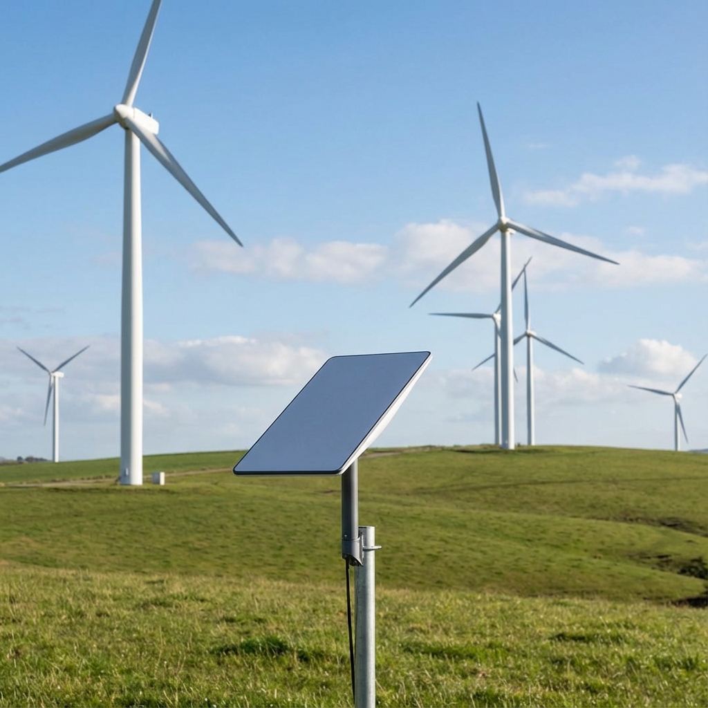 Satellite dish at wind farm providing remote connectivity